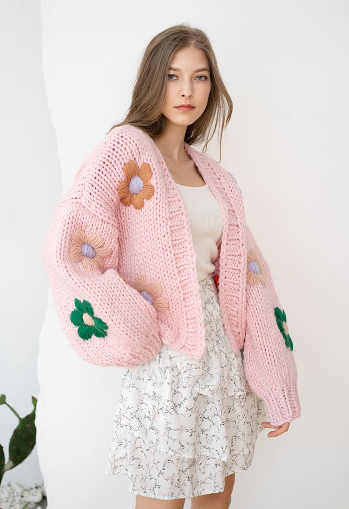 Stitch Flowers Hand-Knit Chunky Cardigan in Pink - Retro, Indie
