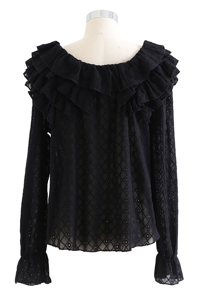 Tiered Ruffle Neck Embroidered Chiffon Top in Black