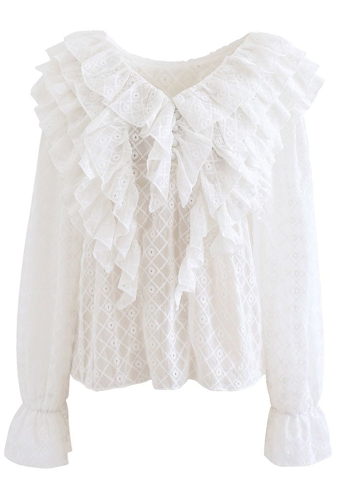 Tiered Ruffle Neck Embroidered Chiffon Top in White - Retro, Indie and ...