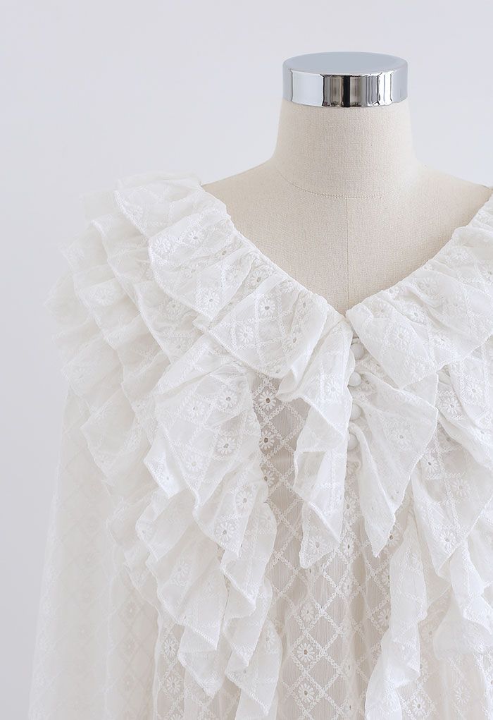 Tiered Ruffle Neck Embroidered Chiffon Top in White - Retro, Indie and ...