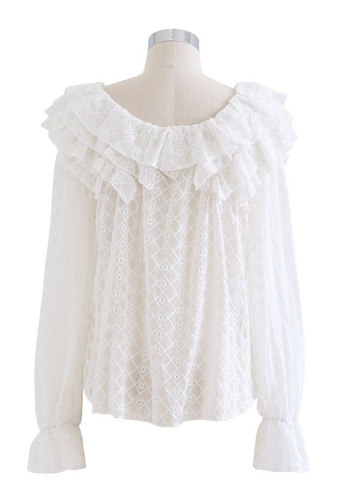 Tiered Ruffle Neck Embroidered Chiffon Top in White