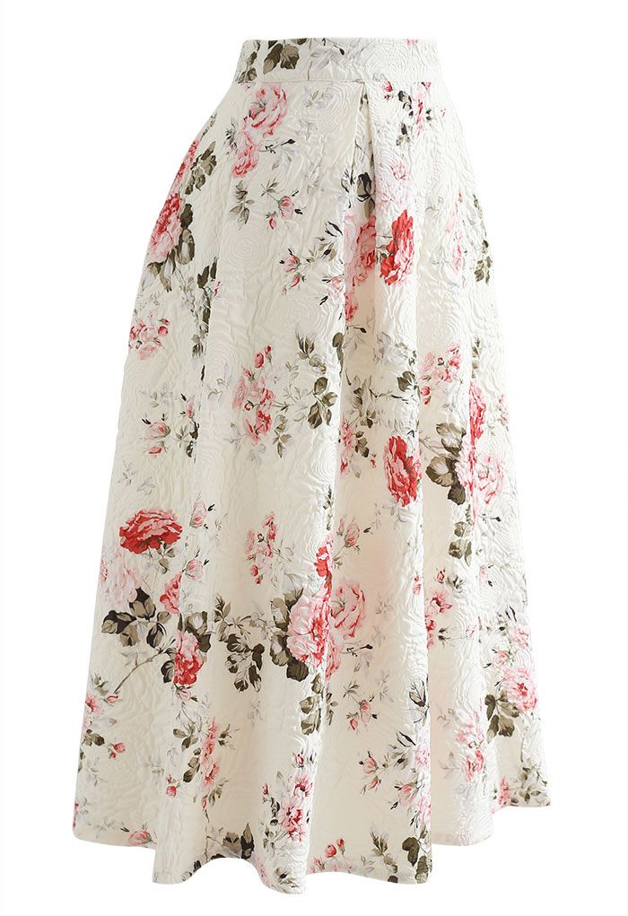 Embossed Floral Pleated Midi Skirt in Ivory - Retro, Indie and Unique ...