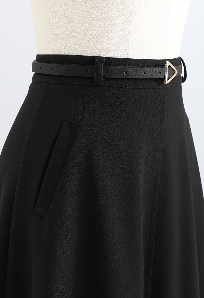 Slanted Side Pocket Belted A-Line Midi Skirt in Black - Retro, Indie ...