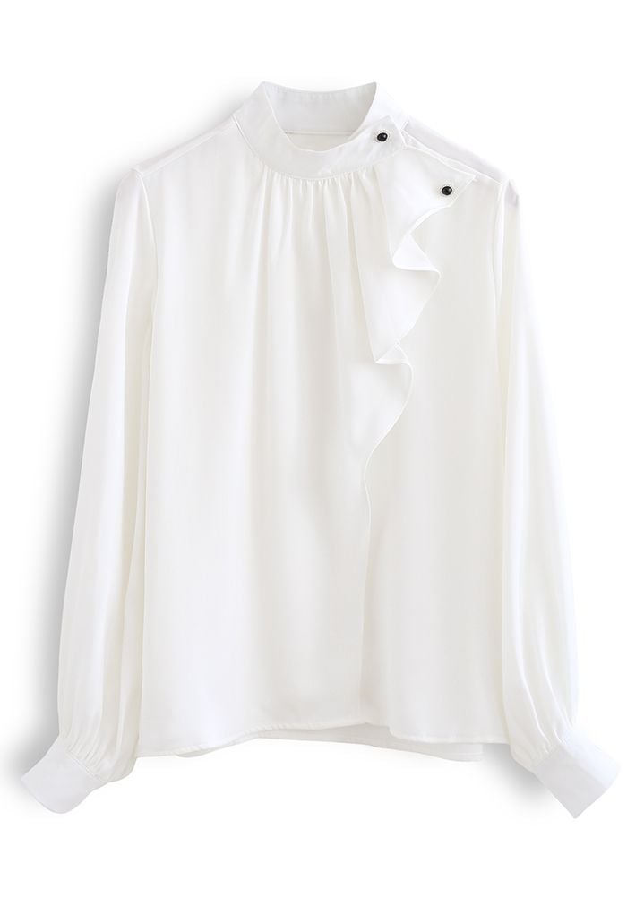 Buttoned Ruffle High Neck Satin Top in White