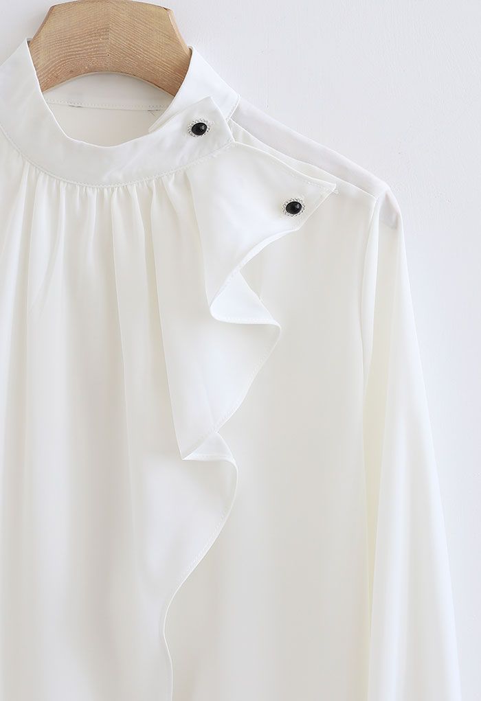 Buttoned Ruffle High Neck Satin Top In White - Retro, Indie And Unique 