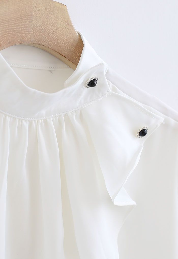 Buttoned Ruffle High Neck Satin Top In White - Retro, Indie And Unique 