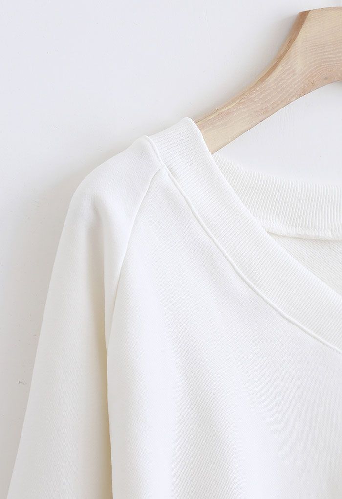 Cotton V-Neck Oversized Crop Sweatshirt in White