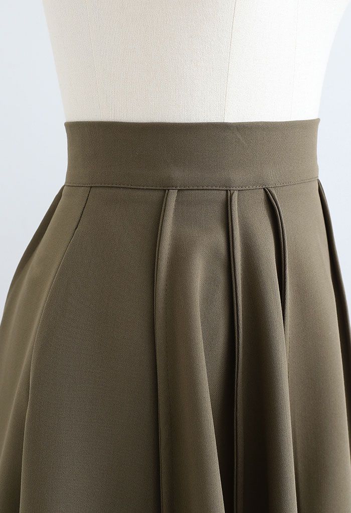 High Waist Seam Detailing A-Line Midi Skirt in Khaki - Retro, Indie and ...