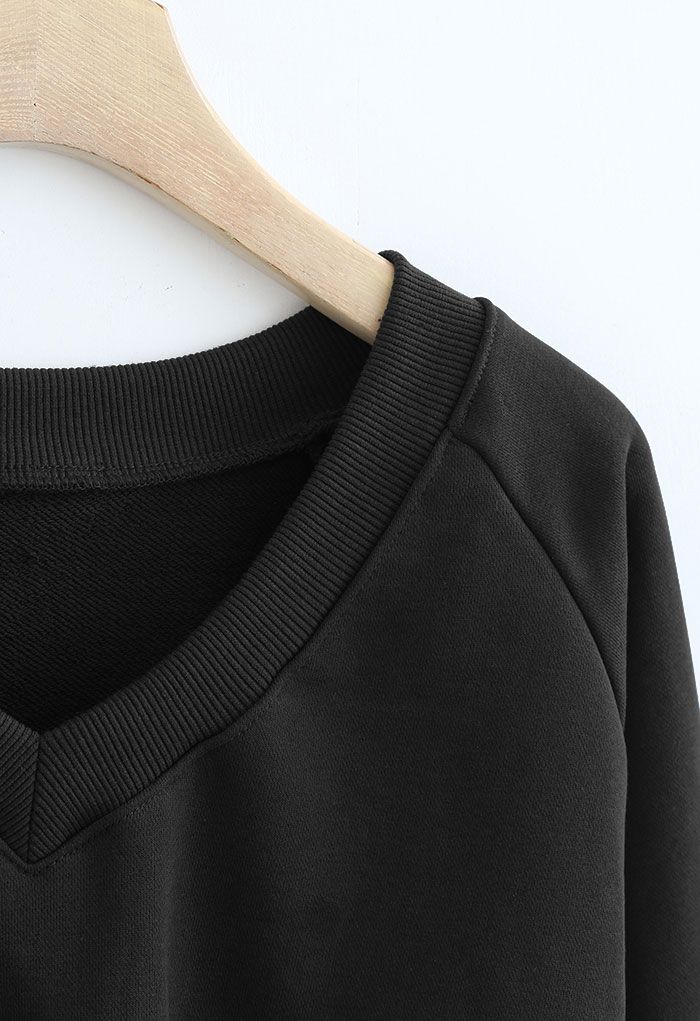 Cotton V-Neck Oversized Crop Sweatshirt in Black