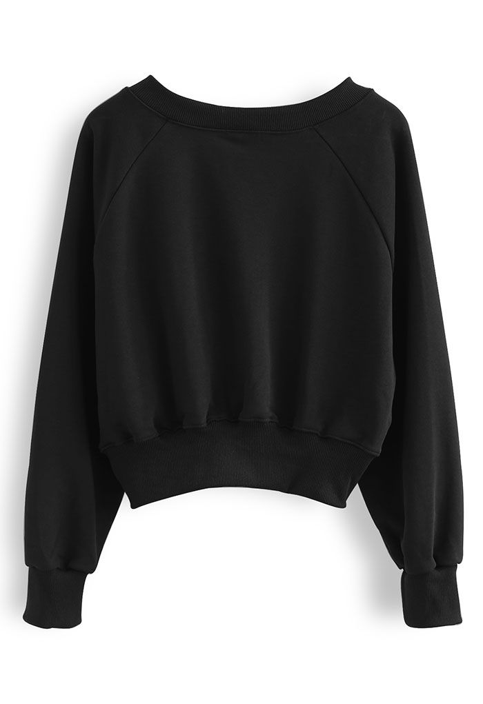 Cotton V-Neck Oversized Crop Sweatshirt in Black