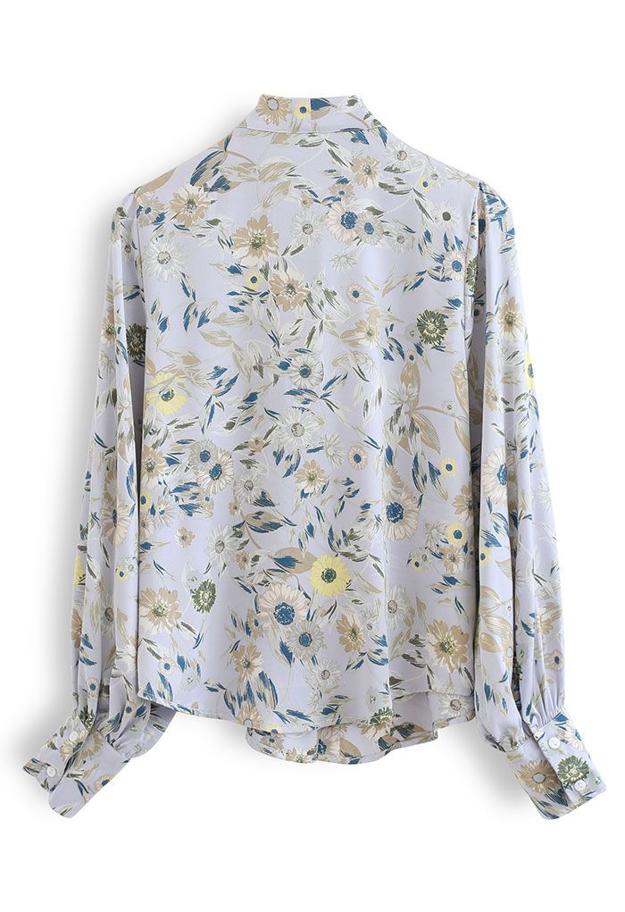 Daisy Print Button Down Satin Top in Blue