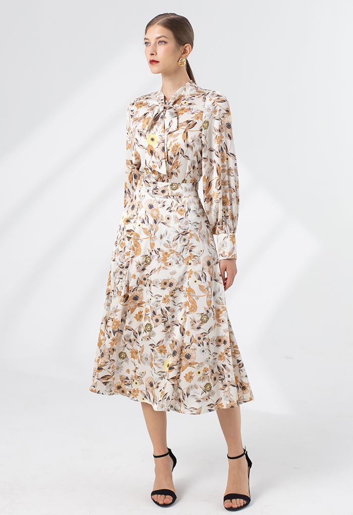 Daisy Print Satin Midi Skirt in Cream - Retro, Indie and Unique Fashion