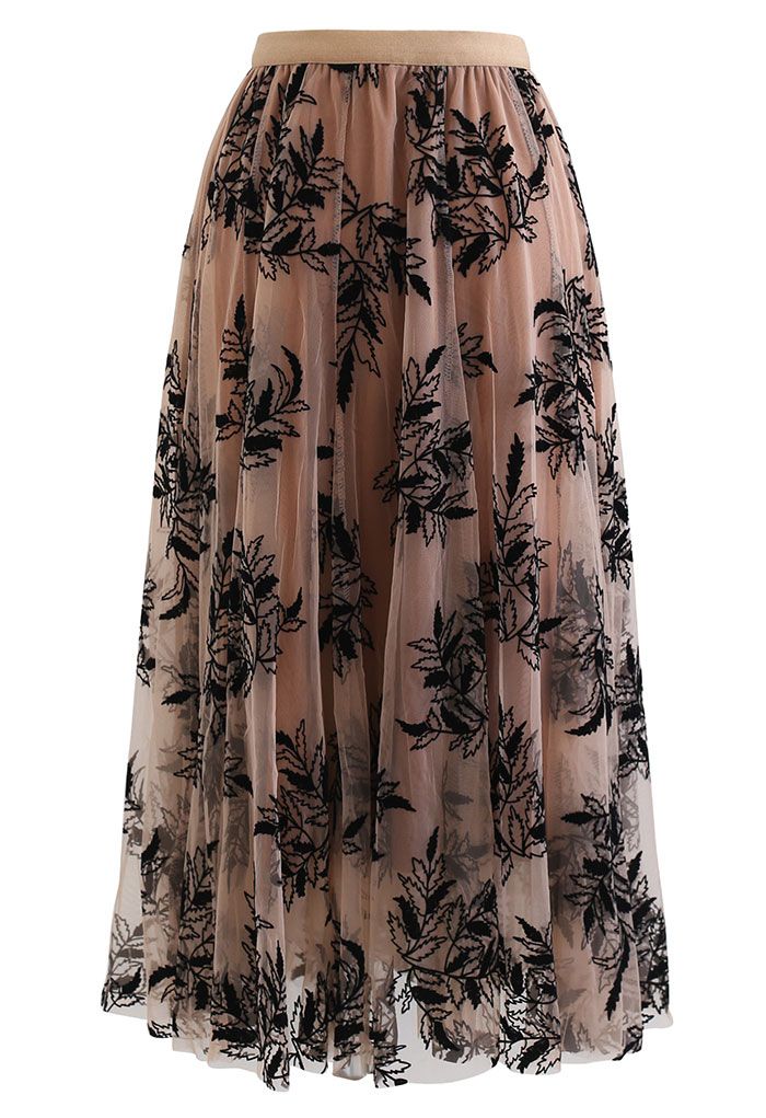 3D Leaf Double-Layered Mesh Tulle Midi Skirt in Caramel - Retro, Indie ...