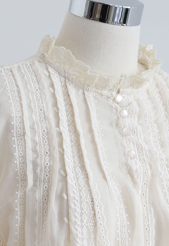 Lacy Neck Embroidered Sheer Smock Top