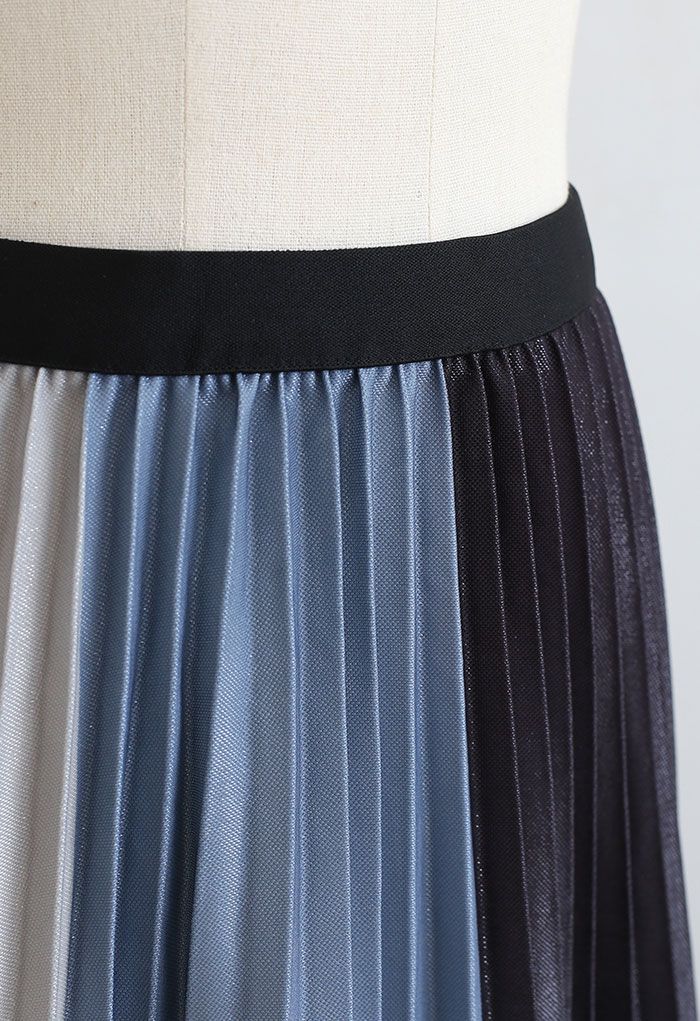 Pleated Sheen Color Block Midi Skirt in Blue - Retro, Indie and Unique ...