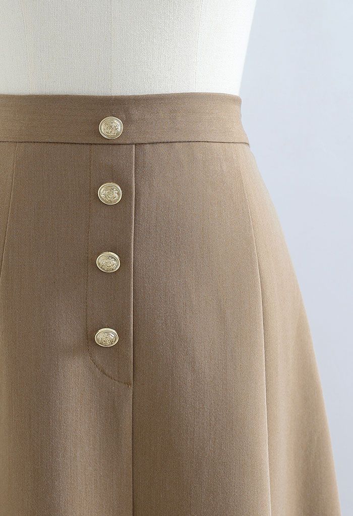 Golden Button Trim Front Slit Midi Skirt in Tan - Retro, Indie and ...