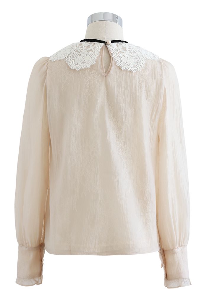 Peter-Pan Collar Tie Bow Lace Organza Top in Cream