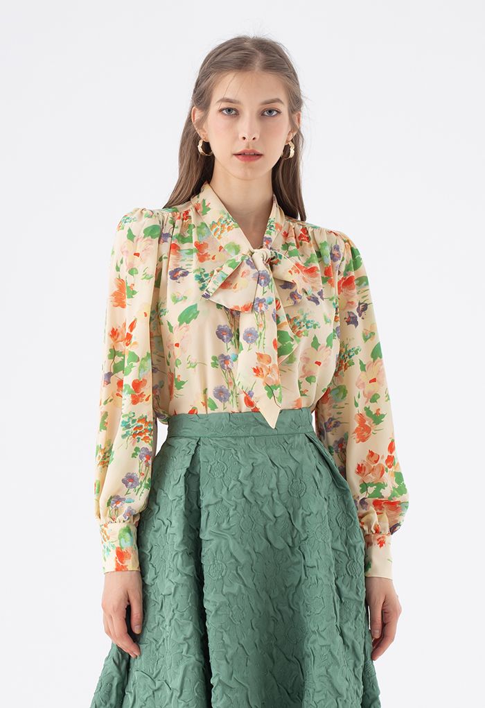 Mellow Floral Print Self-Tie Bowknot Chiffon Shirt - Retro, Indie and ...