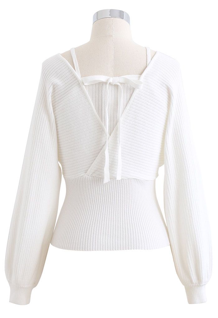 Fake Two-Piece Cold-Shoulder Wrap Knit Top in White - Retro, Indie and ...