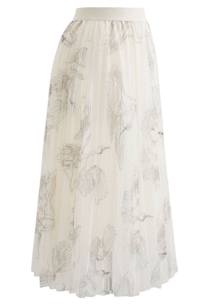 Swan Dotted Mesh Pleated Skirt in Cream - Retro, Indie and Unique Fashion