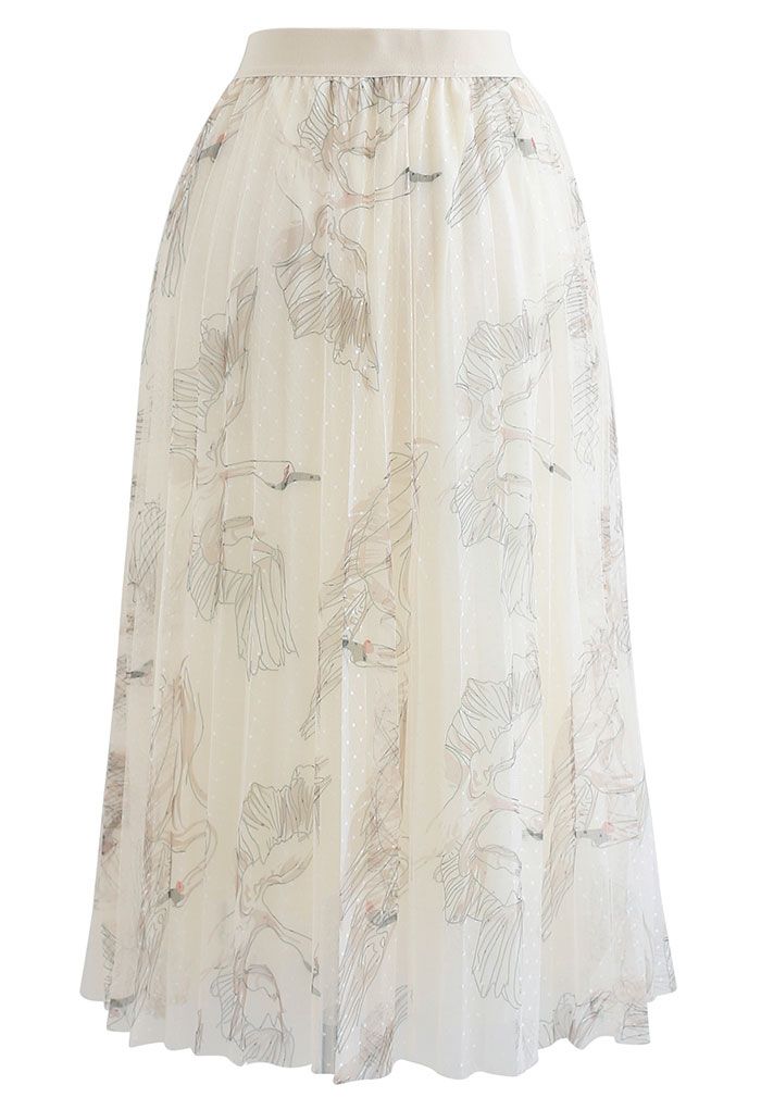 Swan Dotted Mesh Pleated Skirt in Cream - Retro, Indie and Unique Fashion