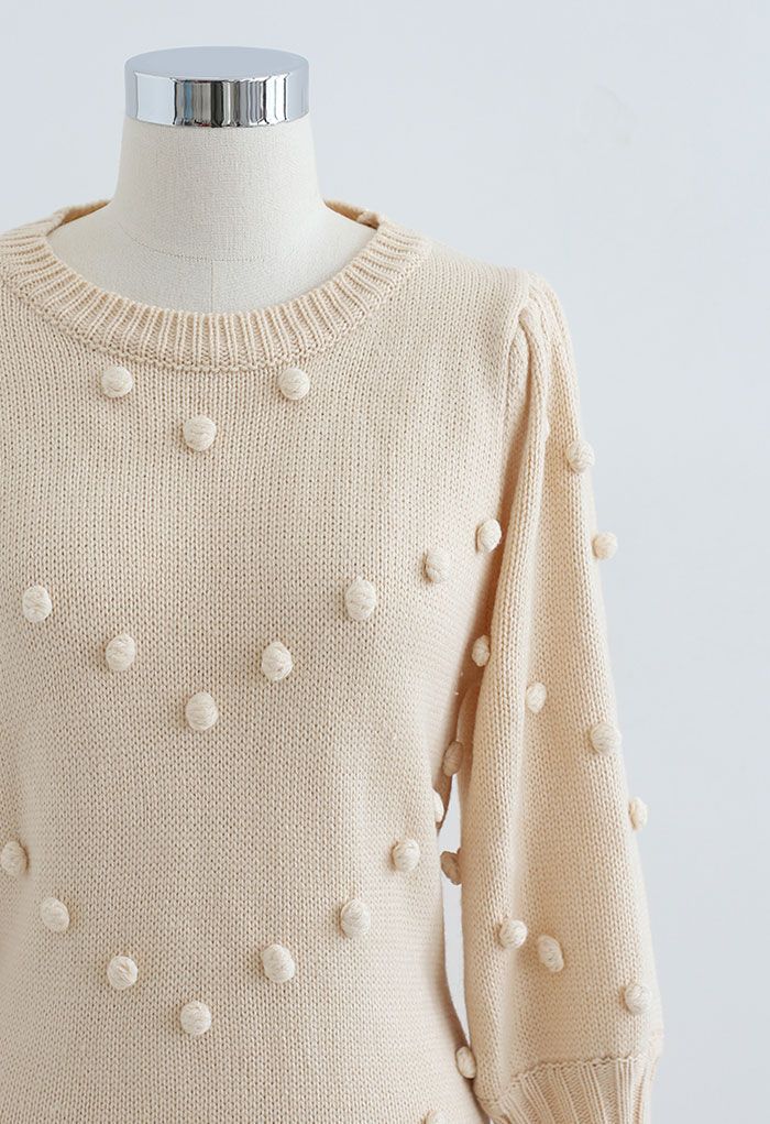 Puff Sleeve Pom-Pom Sweater Dress in Cream