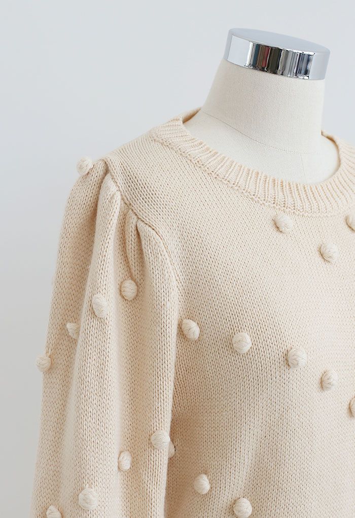 Puff Sleeve Pom-Pom Sweater Dress in Cream