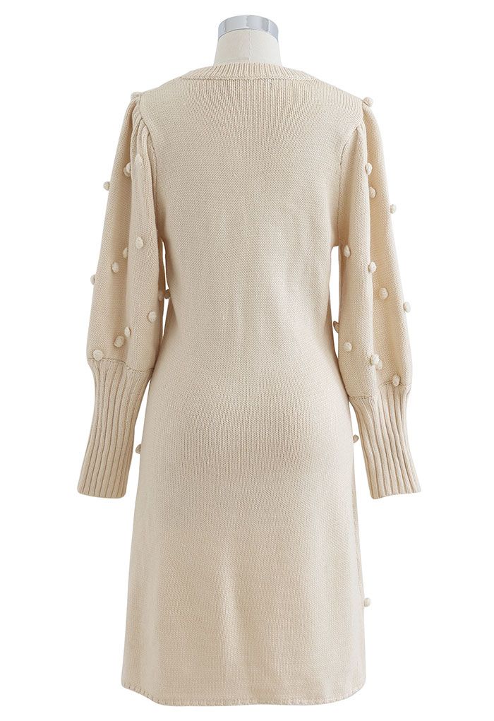 Puff Sleeve Pom-Pom Sweater Dress in Cream