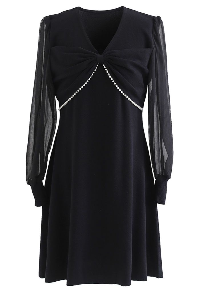 Pearly Bowknot Organza Sleeve Knit Dress in Black - Retro, Indie and ...
