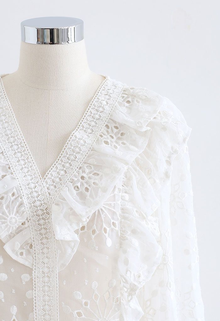 White V-Neck Embroidered Eyelet Sheer Top - Retro, Indie and Unique Fashion