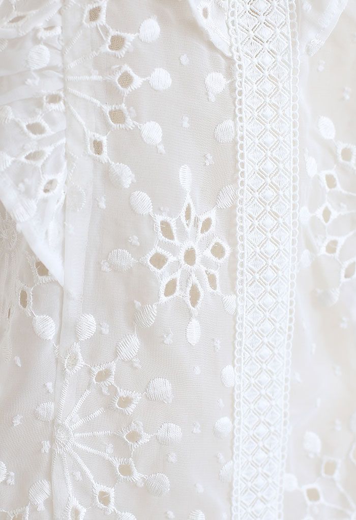 White V-Neck Embroidered Eyelet Sheer Top - Retro, Indie and Unique Fashion