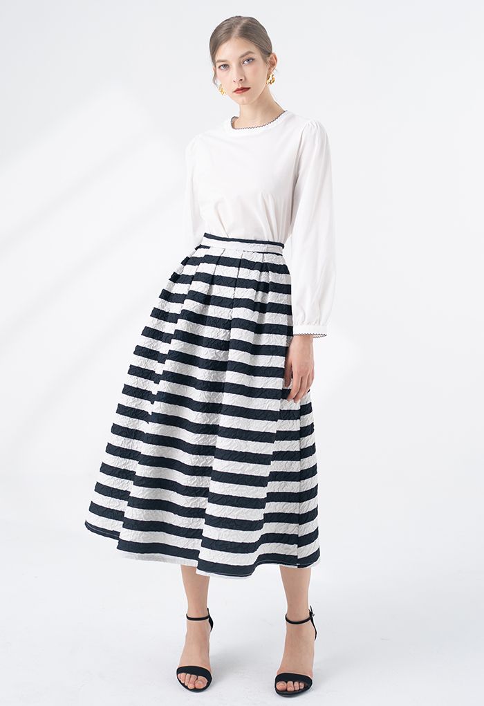 Allover Stripe Print Embossed Pleated Midi Skirt - Retro, Indie and ...