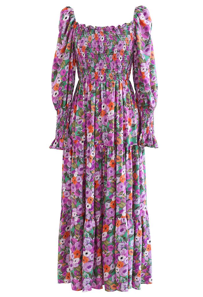 Watercolor Floral Shirred Frilling Midi Dress in Lilac - Retro, Indie ...