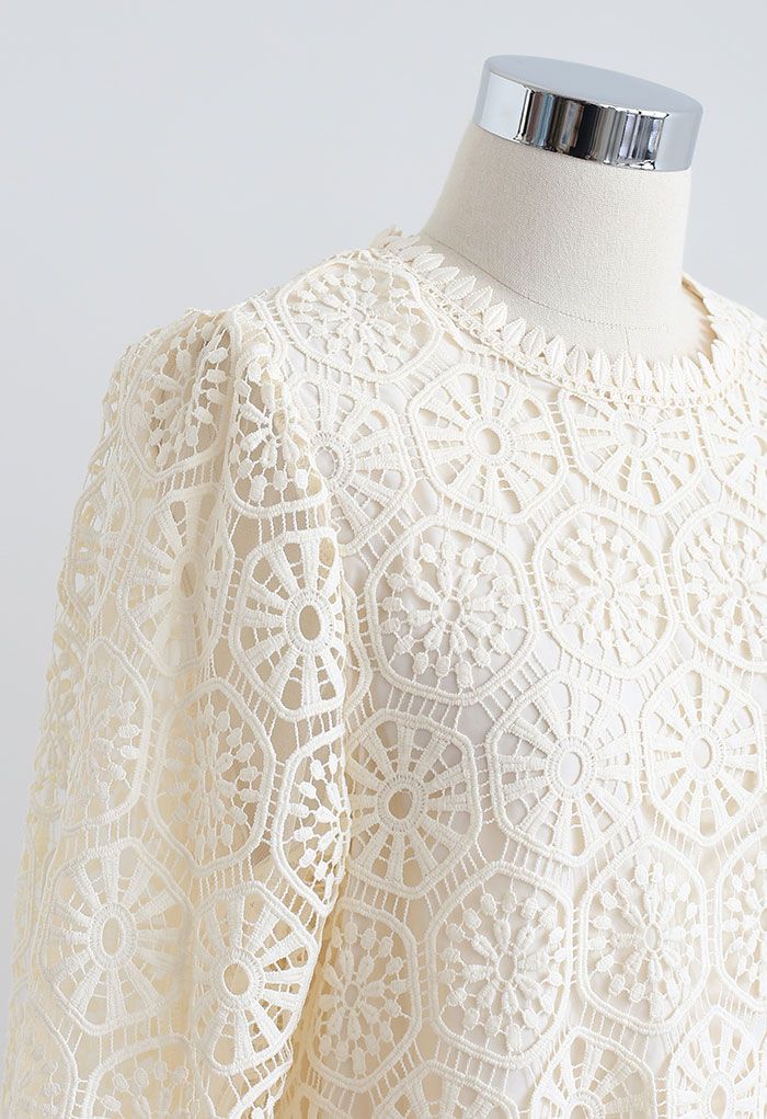 Geometric Crochet Mesh Sleeve Top in Cream - Retro, Indie and Unique ...