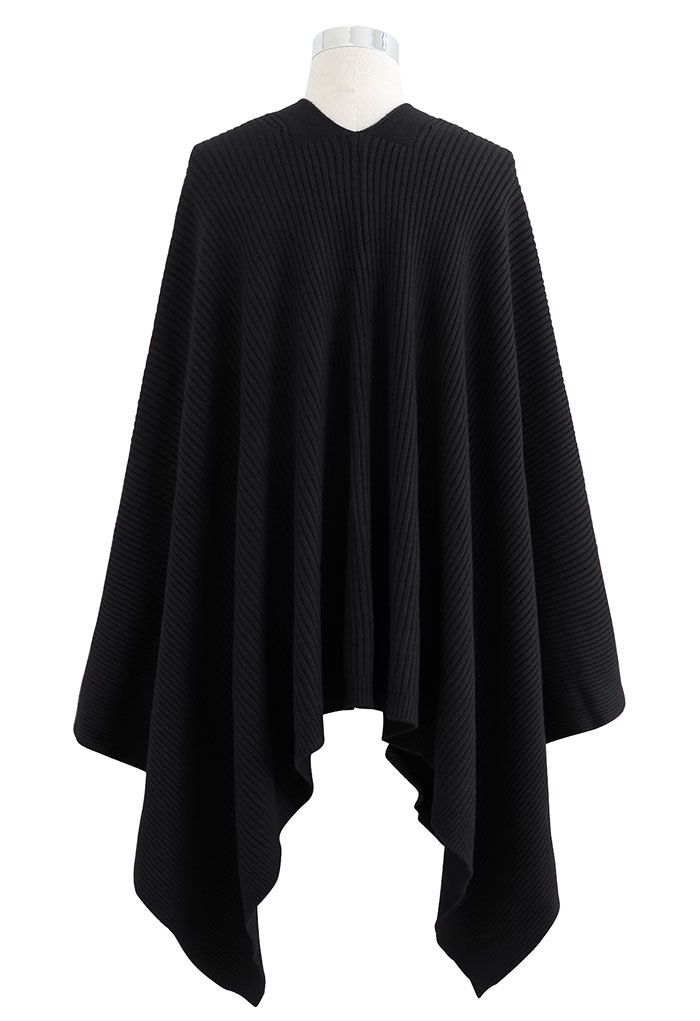 Buttoned Rib Knit Poncho Cape in Black - Retro, Indie and Unique Fashion