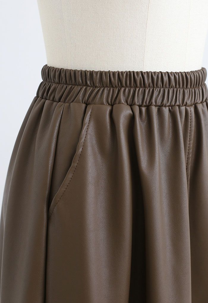 Faux Leather Side Pocket Midi Skirt in Brown