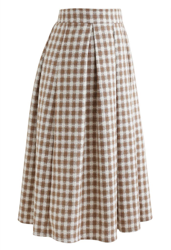 Plaid Print Wool-Blend Pleated Midi Skirt in Light Tan - Retro, Indie ...