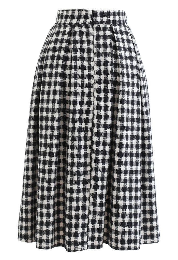 Plaid Print Wool-Blend Pleated Midi Skirt in Black - Retro, Indie and ...