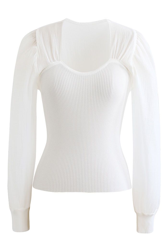 Spliced Bubble Sleeve Knit Top in White - Retro, Indie and Unique Fashion