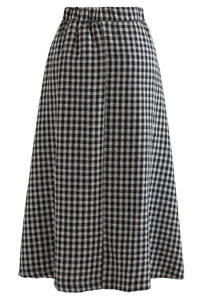 Shimmer Gingham Pleated Midi Skirt in Black