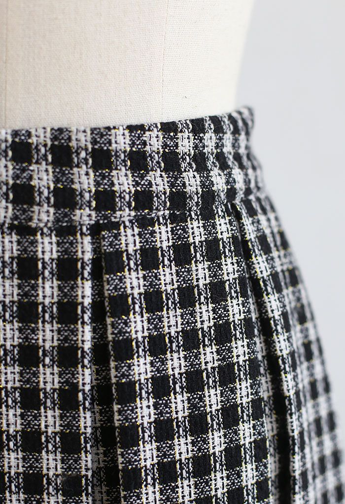 Shimmer Gingham Pleated Midi Skirt in Black