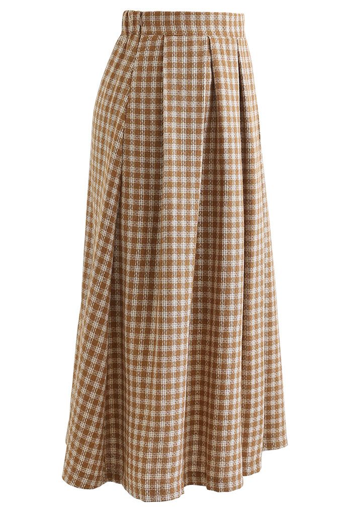 Shimmer Gingham Pleated Midi Skirt in Camel - Retro, Indie and Unique ...