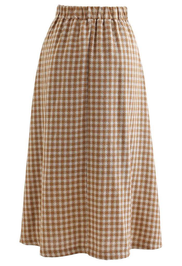 Shimmer Gingham Pleated Midi Skirt in Camel - Retro, Indie and Unique ...