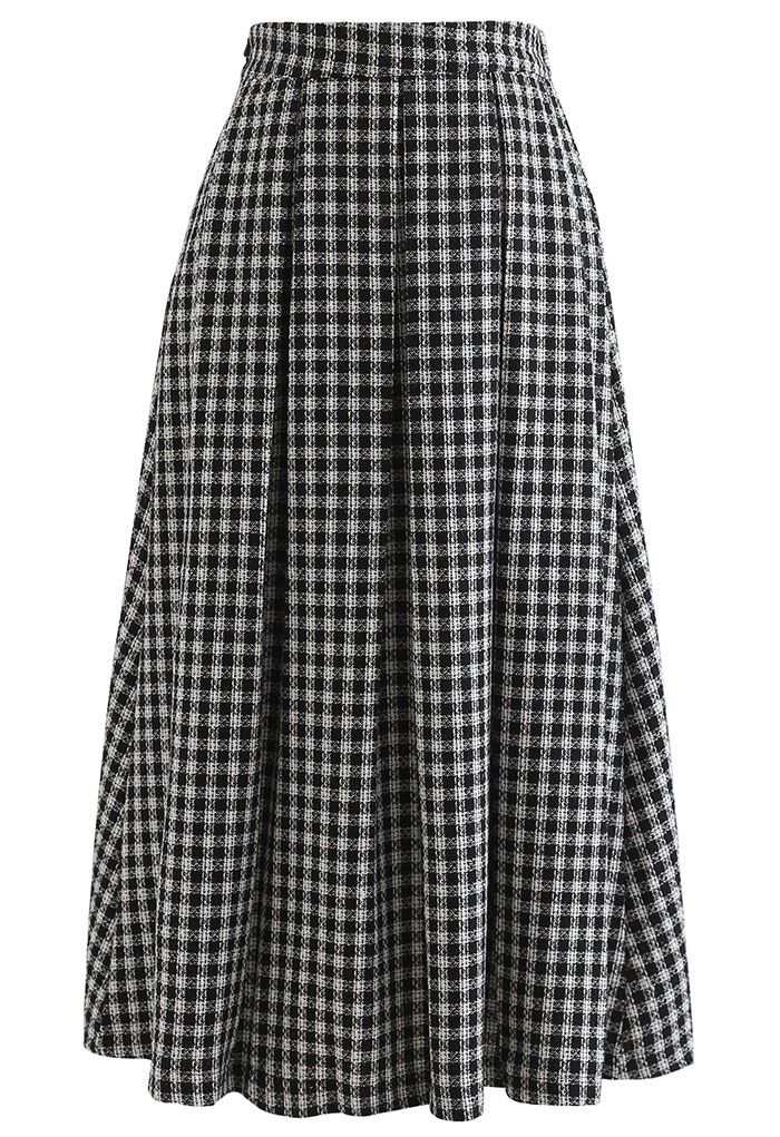 Shimmer Gingham Pleated Midi Skirt in Black