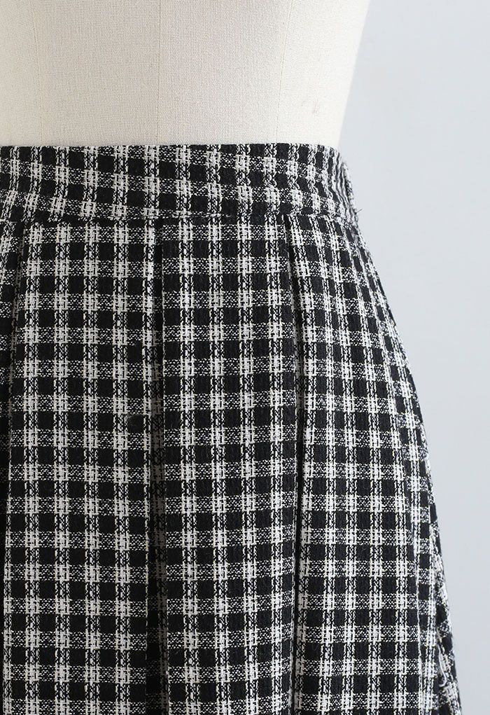 Shimmer Gingham Pleated Midi Skirt in Black