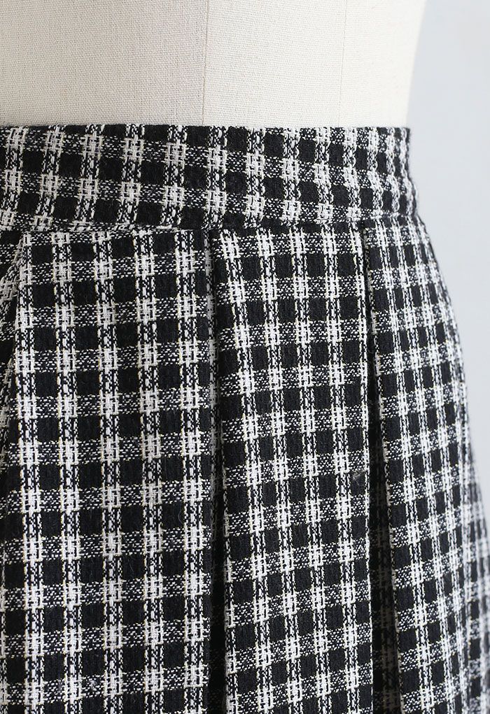 Shimmer Gingham Pleated Midi Skirt in Black