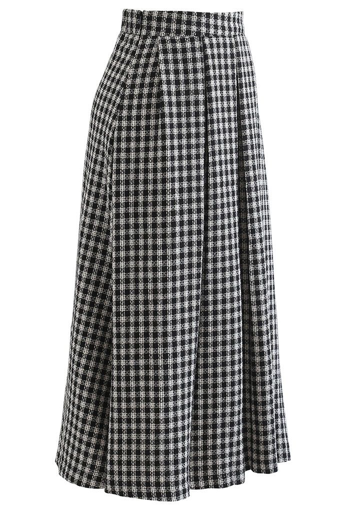 Shimmer Gingham Pleated Midi Skirt in Black