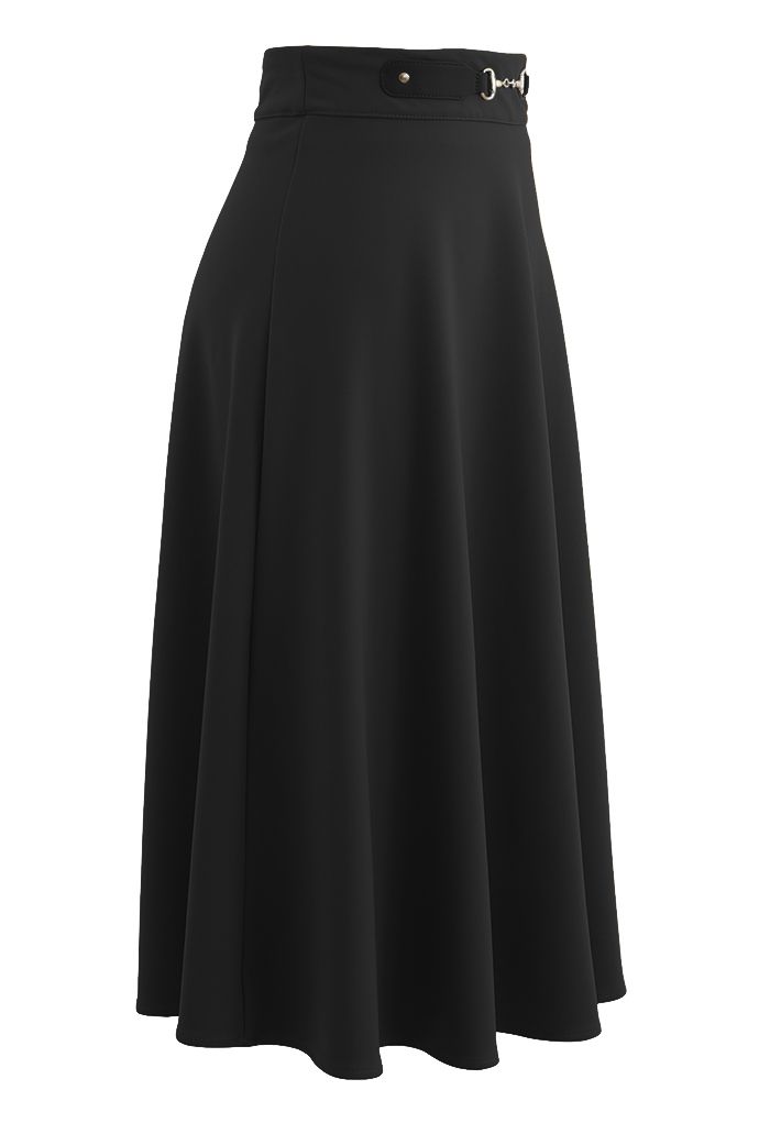 Horsebit Decorated A-Line Midi Skirt in Black - Retro, Indie and Unique ...