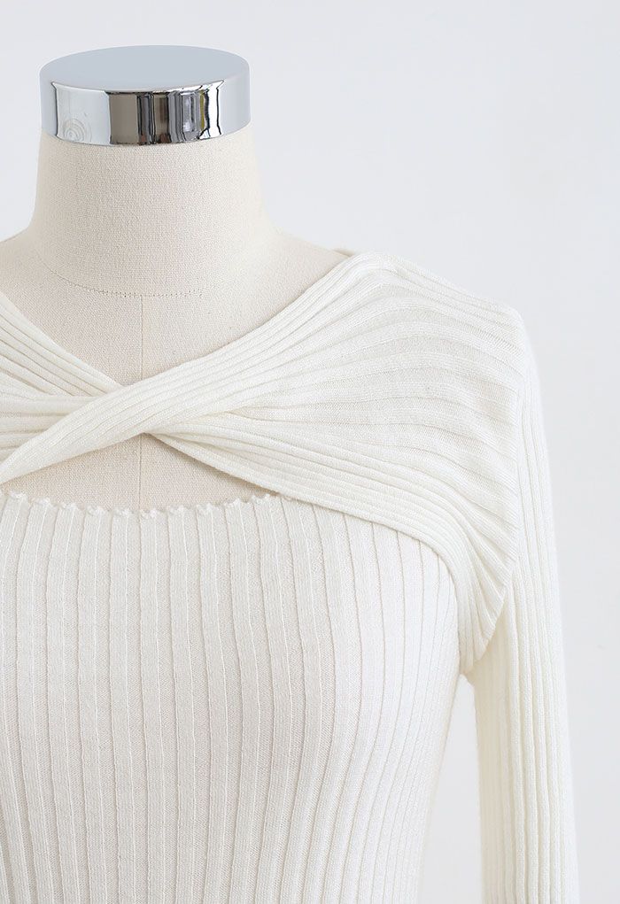 Twisted Cut Out Fitted Knit Top in Cream - Retro, Indie and Unique Fashion