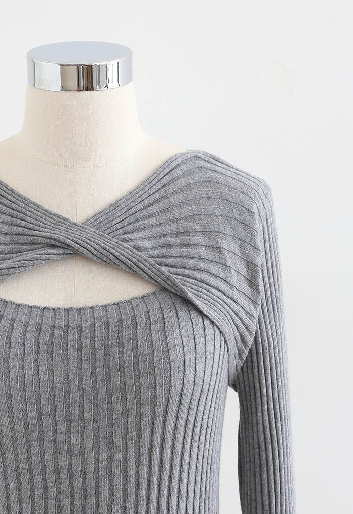 Twisted Cut Out Fitted Knit Top in Grey - Retro, Indie and Unique Fashion